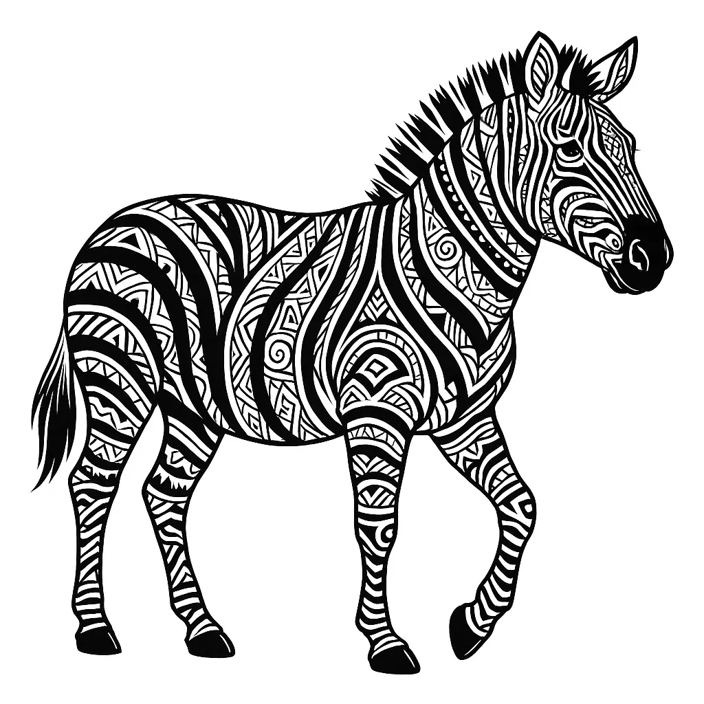 16 Zebra Ausmalbilder (Kostenlos Zebra Malvorlage zum drucken) Zebra Ausmalbild mit Tribal-Muster – afrikanisch inspiriertes Design als PDF zum Ausdrucken