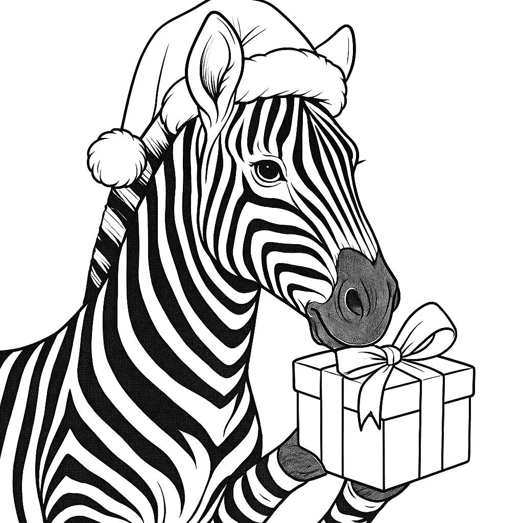 16 Zebra Ausmalbilder (Kostenlos Zebra Malvorlage zum drucken) Zebra Ausmalbild – Zebra mit Weihnachtsmütze hält Geschenk in der Hand als PDF zum Ausdrucken