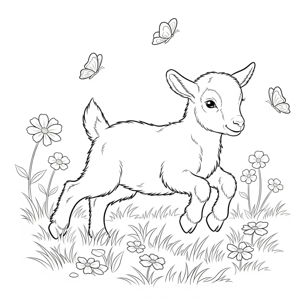 Ziegen Ausmalbilder (Kostenlos Malvorlage zum Ausdrucken) Verspieltes ziegenbaby springt auf einer blumenwiese herum in dieser ausmalvorlage für kinder als pdf zum ausdrucken geeignet