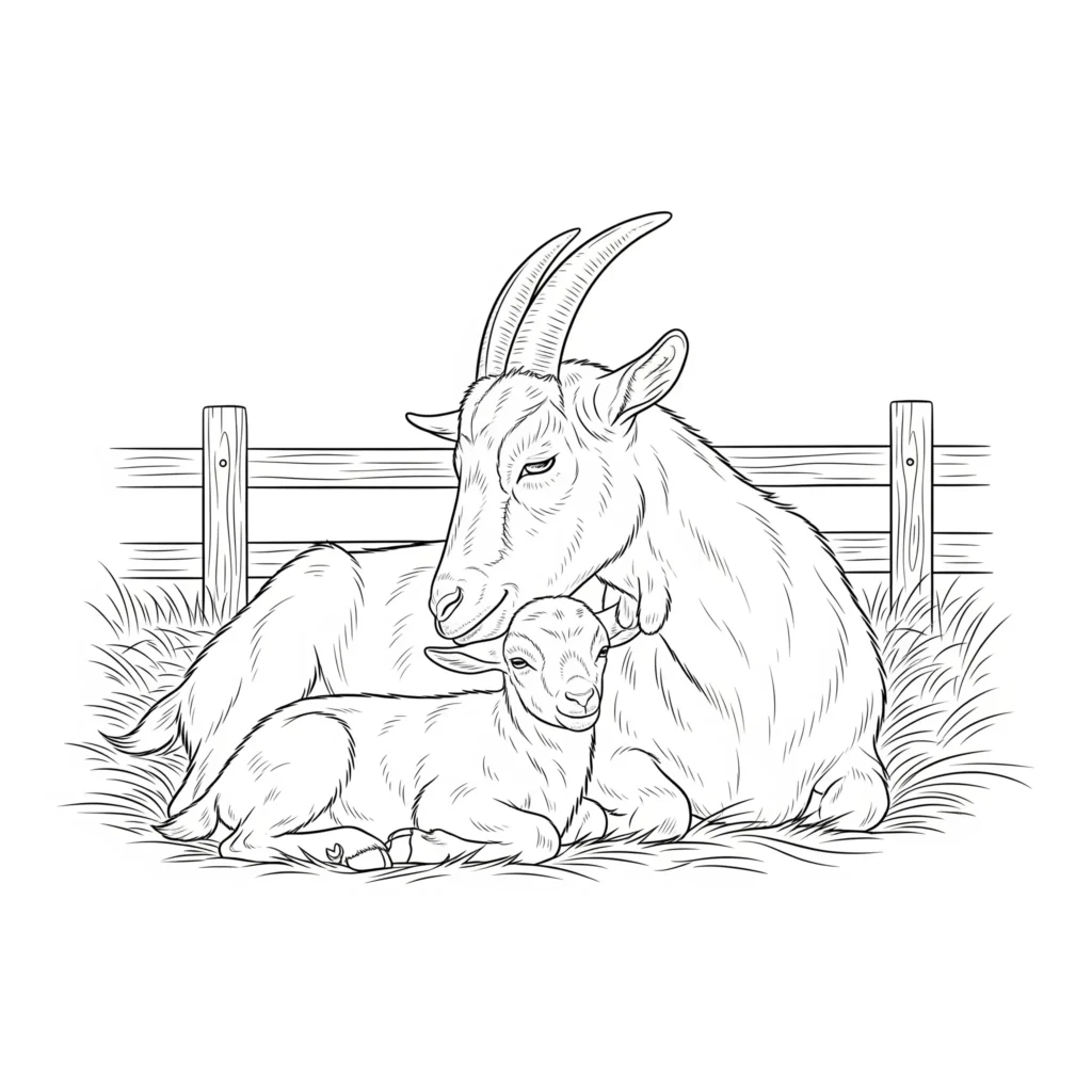 Ziegen Ausmalbilder (Kostenlos Malvorlage zum Ausdrucken) Liebevolles ziegen ausmalbild zeigt eine mutterziege die eng an ihr kleines baby gekuschelt liegt ideal als ruhige malvorlage für kinder