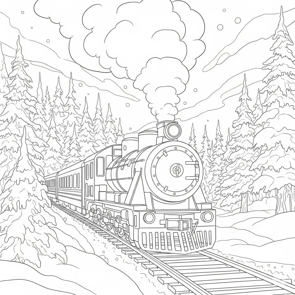 10 Zug Ausmalbilder (Kostenlos Malvorlage zum Ausdrucken) Ausmalbild eines Zuges in winterlicher Landschaft zum Ausdrucken und Ausmalen für Kinder