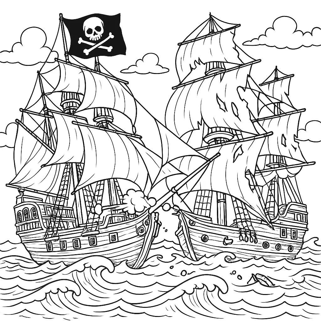 24 Piraten Ausmalbilder (Kostenlose Malvorlage zum drucken) Zwei Piratenschiffe im Kanonenkampf auf offener See – Piraten Ausmalbild