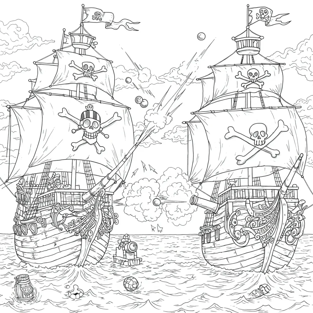 16 Piratenschiff Ausmalbilder (Gratis Malvorlage Ausdrucken) Ausmalbild mit zwei Piratenschiffen im Kampf auf hoher See – kostenlose Piratenschiff Ausmalbilder für Kinder als PDF zum Ausdrucken